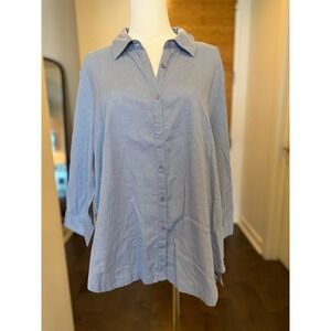 Coldwater Creek Blue Button Up Shirt Women XL Lace Back Detail Linen Blend